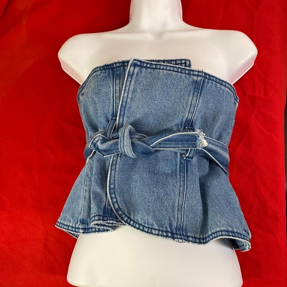 Zara Tops - Zara Denim Strapless Peplum Top in Blue